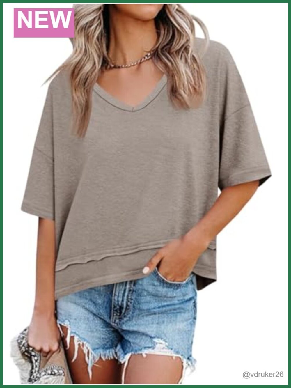 Womens V Neck Short Sleeve Loose Fit Casual T Shirt Top